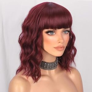 Short Wine Red Wig with Bangs Natural Looking | Low Heat Resistant